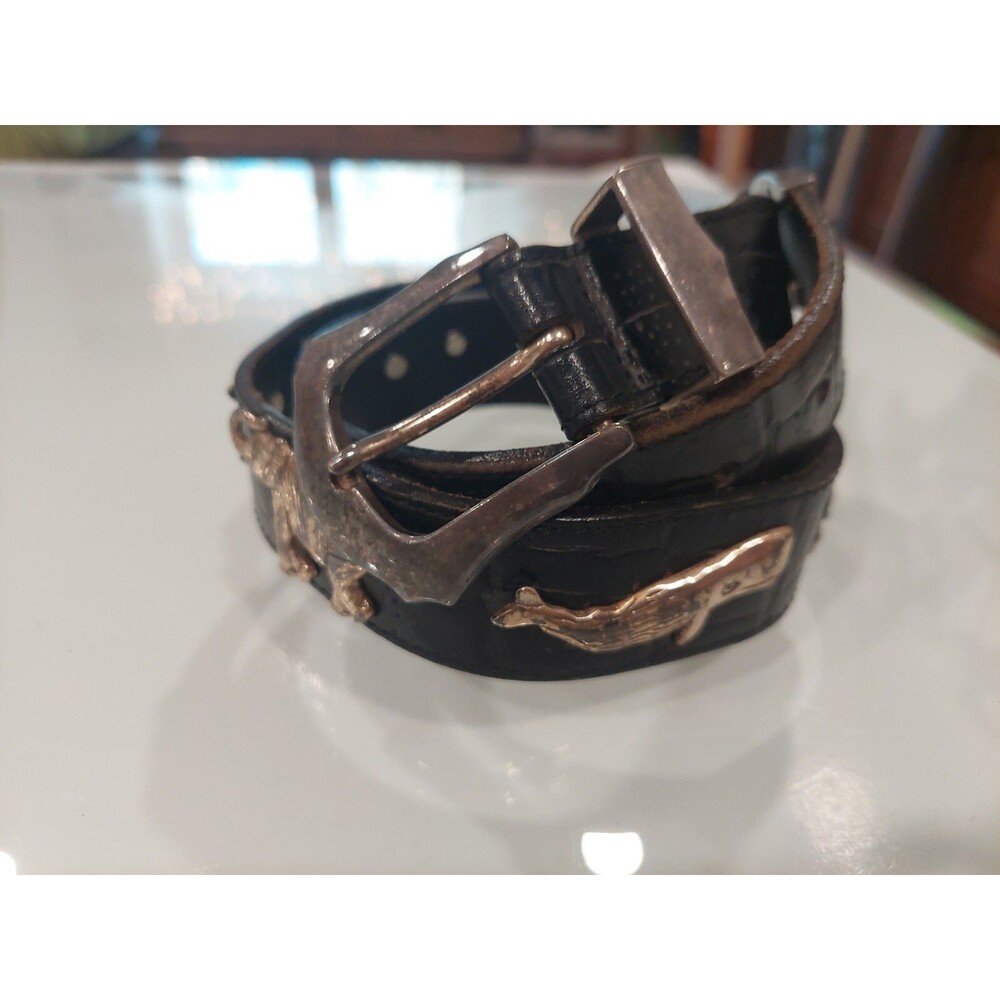 VTG Honest Safari Belt black leather 26" - 30", Silvertone Animals 5 holes